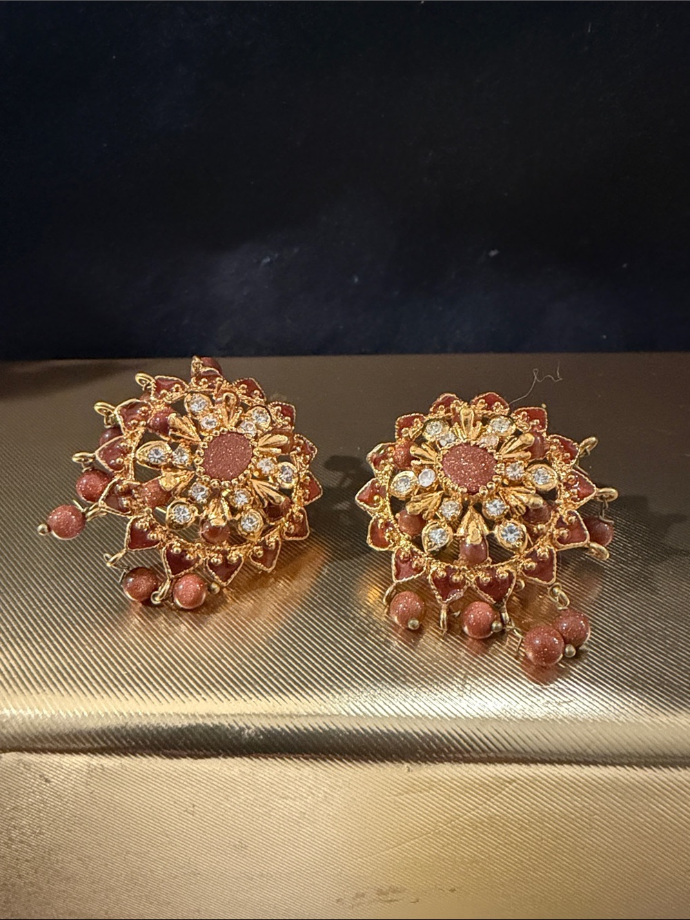 Gold Tone Floral Filigree Statement Earrings - Gold